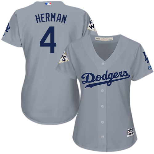 Women's Majestic Los Angeles Dodgers #4 Babe Herman Authentic Grey Road 2017 World Series Bound Cool Base MLB Jersey