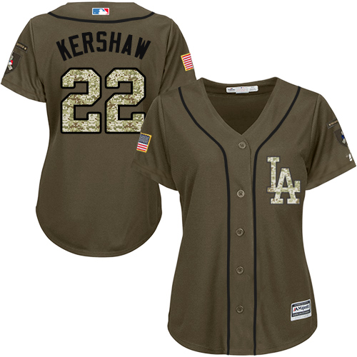 Women's Majestic Los Angeles Dodgers #22 Clayton Kershaw Authentic Green Salute to Service MLB Jersey