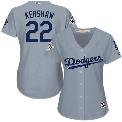 Women's Majestic Los Angeles Dodgers #22 Clayton Kershaw Replica Grey Road 2017 World Series Bound Cool Base MLB Jersey
