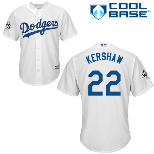 Youth Majestic Los Angeles Dodgers #22 Clayton Kershaw Replica White Home 2017 World Series Bound Cool Base MLB Jersey