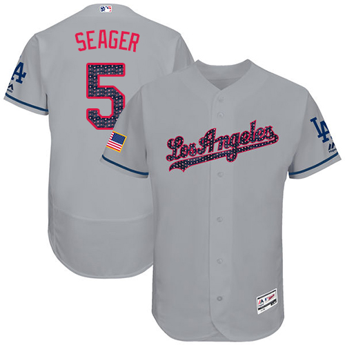 Men's Majestic Los Angeles Dodgers #5 Corey Seager Authentic Grey Stars & Stripes Authentic Collection Flex Base MLB Jersey