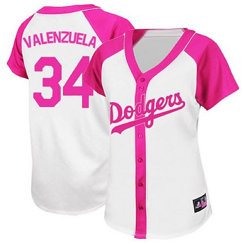 Women's Majestic Los Angeles Dodgers #34 Fernando Valenzuela Authentic White/Pink Splash Fashion MLB Jersey