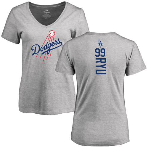 MLB Women's Nike Los Angeles Dodgers #99 Hyun-Jin Ryu Ash Backer T-Shirt