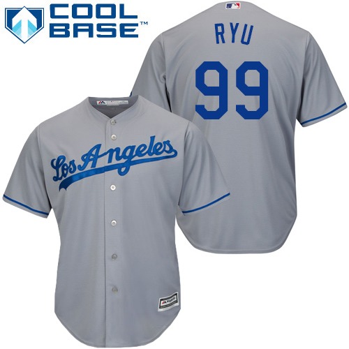 Men's Majestic Los Angeles Dodgers #99 Hyun-Jin Ryu Replica Grey Road Cool Base MLB Jersey