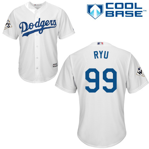 Youth Majestic Los Angeles Dodgers #99 Hyun-Jin Ryu Replica White Home 2017 World Series Bound Cool Base MLB Jersey