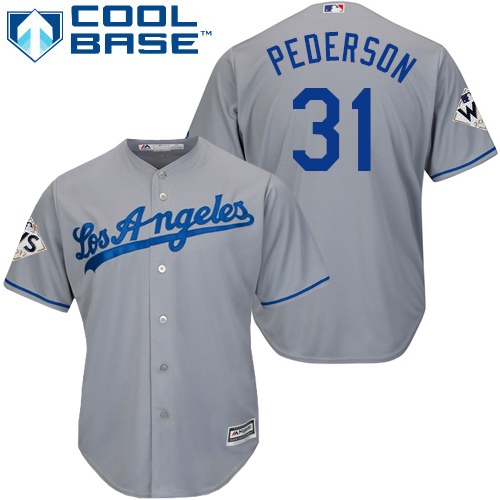 Youth Majestic Los Angeles Dodgers #31 Joc Pederson Authentic Grey Road 2017 World Series Bound Cool Base MLB Jersey