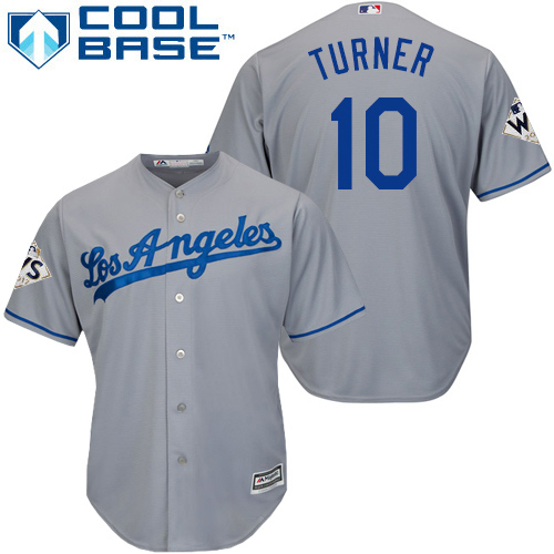 Youth Majestic Los Angeles Dodgers #10 Justin Turner Authentic Grey Road 2017 World Series Bound Cool Base MLB Jersey