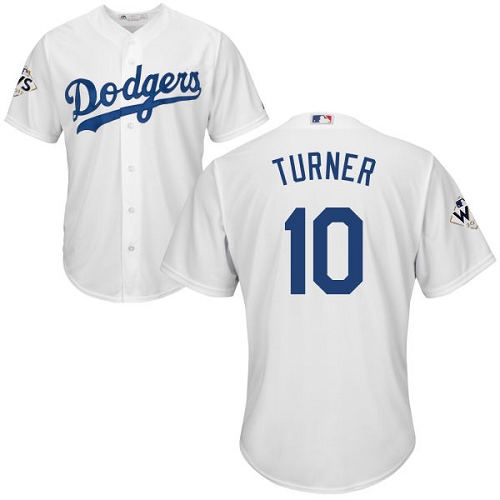 Youth Majestic Los Angeles Dodgers #10 Justin Turner Authentic White Home 2017 World Series Bound Cool Base MLB Jersey