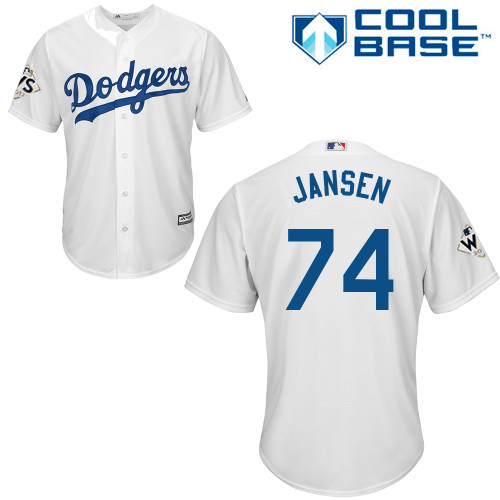 Youth Majestic Los Angeles Dodgers #74 Kenley Jansen Replica White Home 2017 World Series Bound Cool Base MLB Jersey