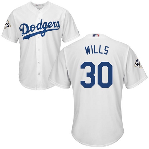 Youth Majestic Los Angeles Dodgers #30 Maury Wills Replica White Home 2017 World Series Bound Cool Base MLB Jersey