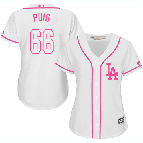 Women's Majestic Los Angeles Dodgers #66 Yasiel Puig Authentic White Fashion Cool Base MLB Jersey