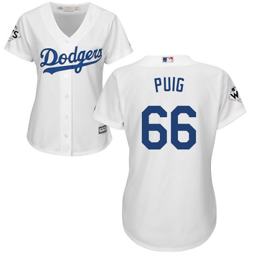Women's Majestic Los Angeles Dodgers #66 Yasiel Puig Replica White Home 2017 World Series Bound Cool Base MLB Jersey