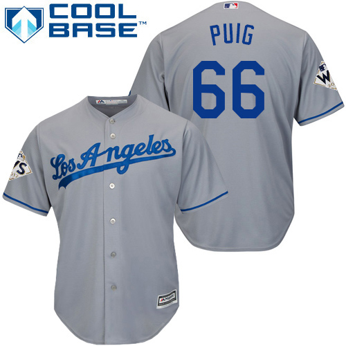 Youth Majestic Los Angeles Dodgers #66 Yasiel Puig Authentic Grey Road 2017 World Series Bound Cool Base MLB Jersey