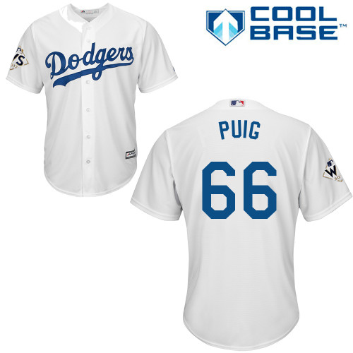 Youth Majestic Los Angeles Dodgers #66 Yasiel Puig Authentic White Home 2017 World Series Bound Cool Base MLB Jersey